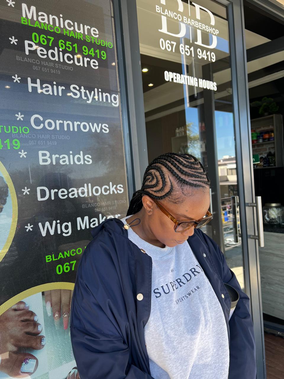 Spiral cornrows profile with sunglasses
