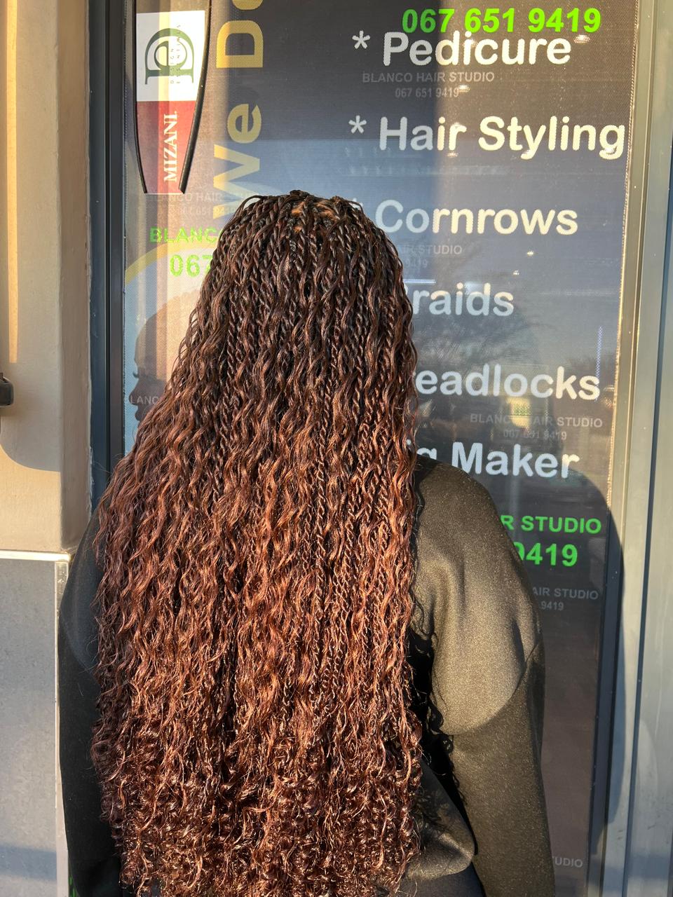 Long copper twist braids back view